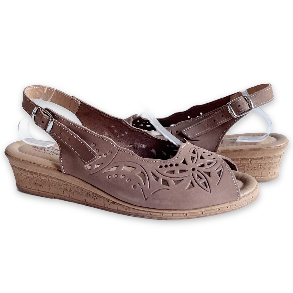 Spring Step Orella Wedge Sandals 41 Italian Leather Laser Cut Floral Tan Taupe‎